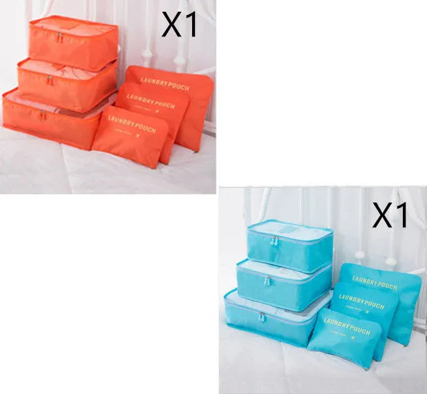 6 piece polyester travel storage bag set in hand bag type shape for clothes and cosmetic organisation, various colour options