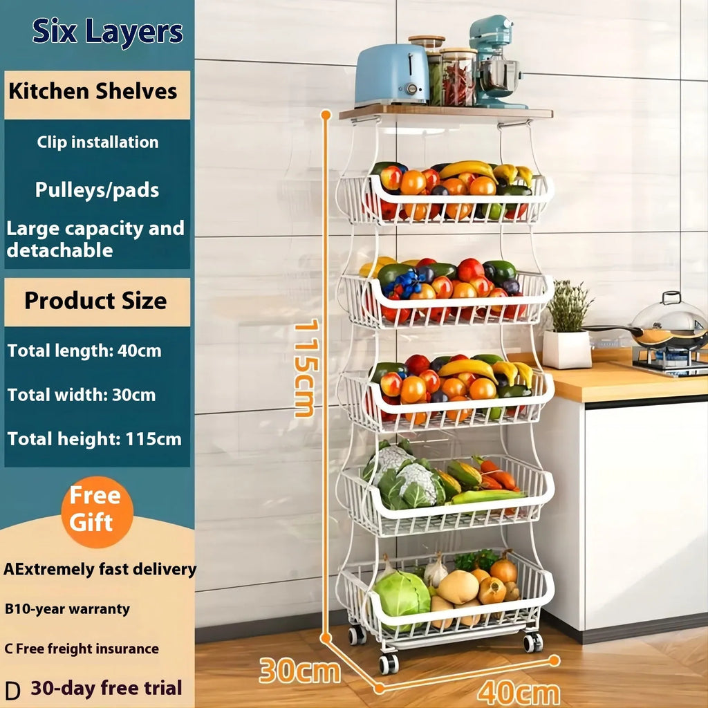 Black six-layer freestanding kitchen storage trolley with foldable carbon steel frame