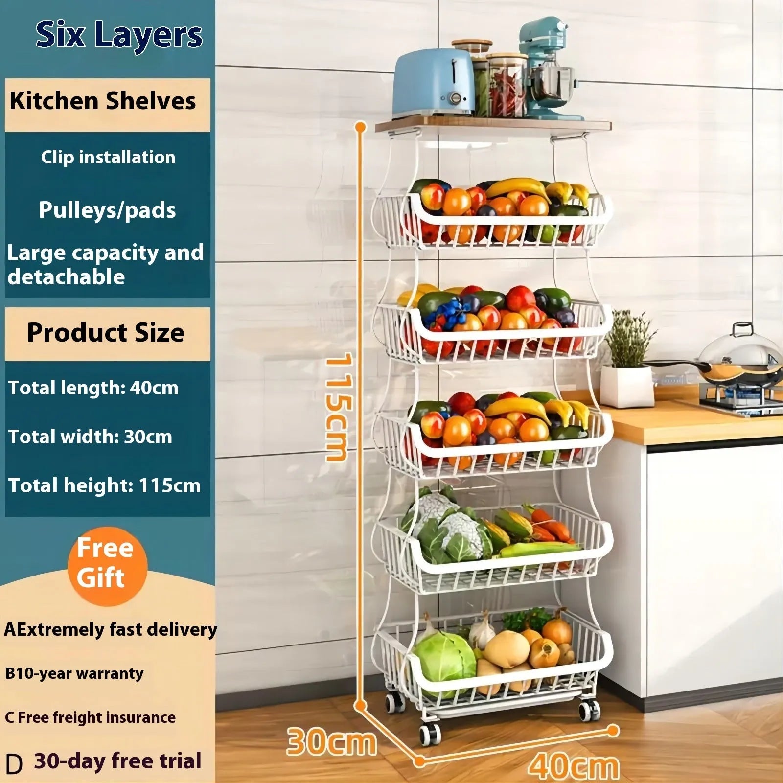 Black six-layer freestanding kitchen storage trolley with foldable carbon steel frame