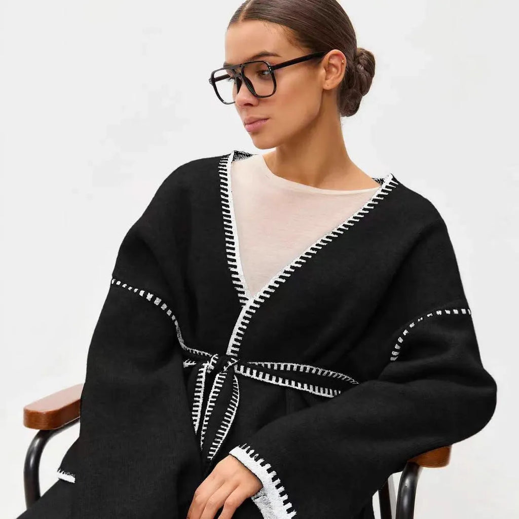 Loose mid-length knitted cardigan in imitation cashmere fabric with lace-up front