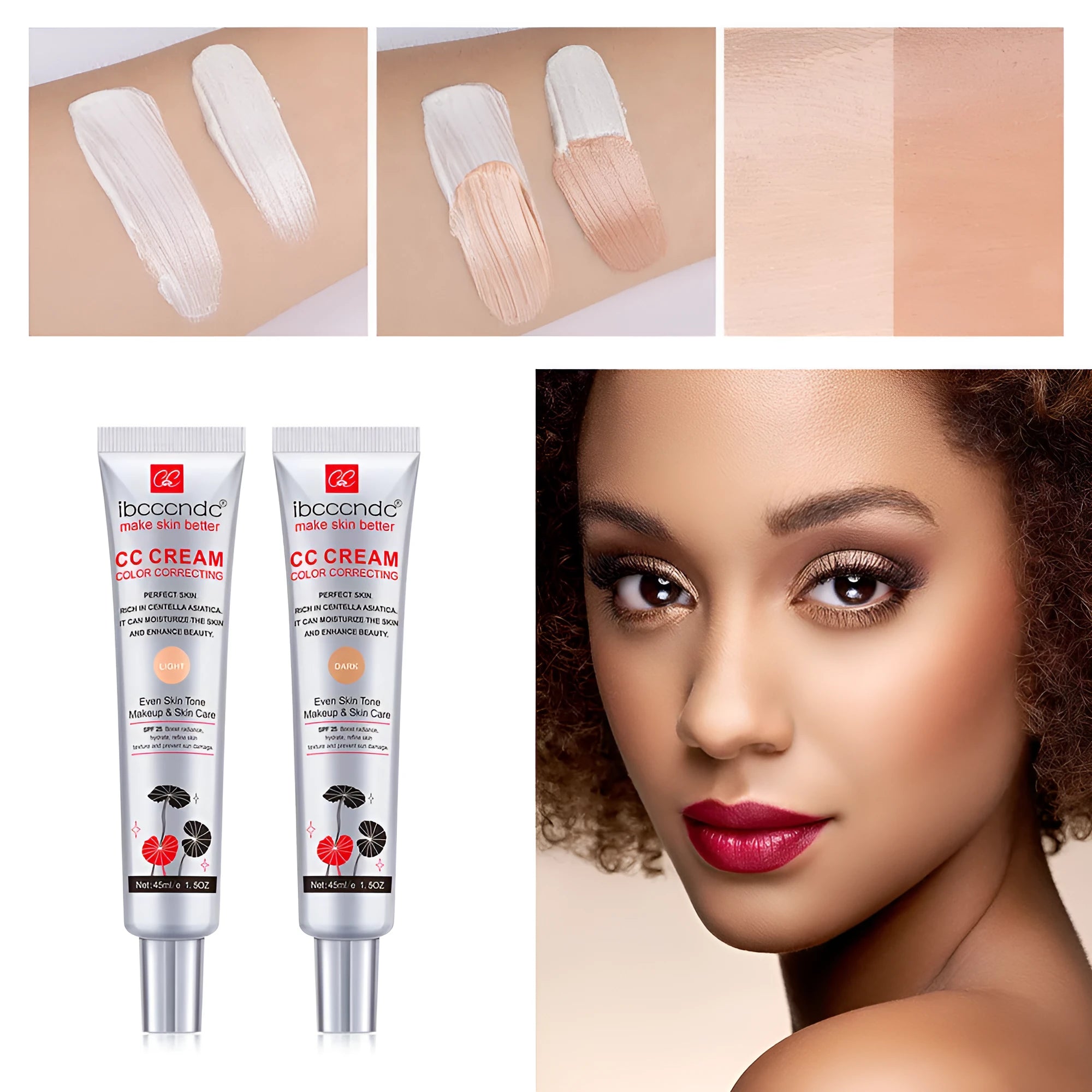 Erborian CC Cream tube in dark and light shades for colour-correcting, moisturising makeup.