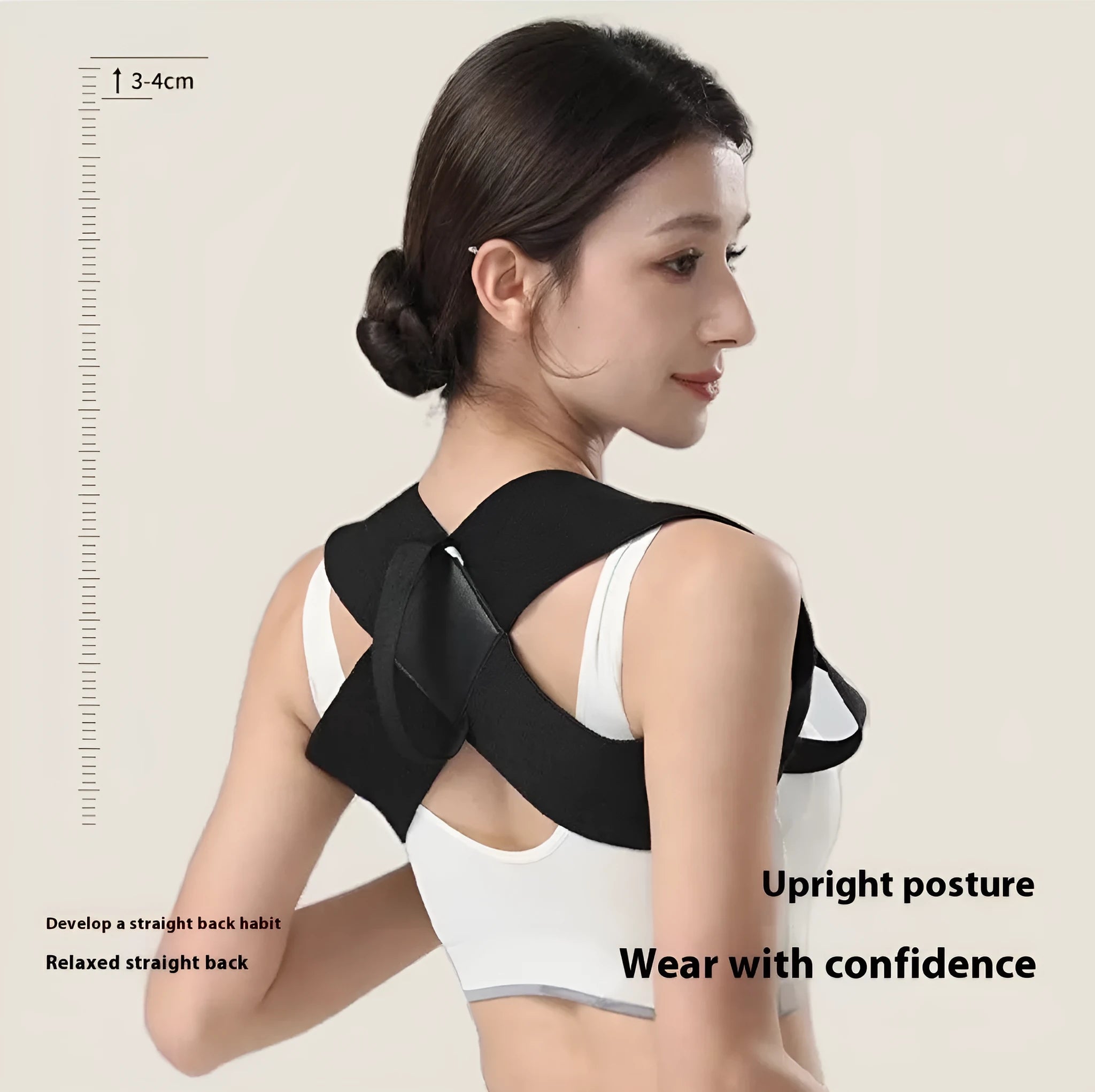 Adult posture corrector brace made of linen woven fabric in black, open shoulder design, available in sizes XS to XXL for men and women