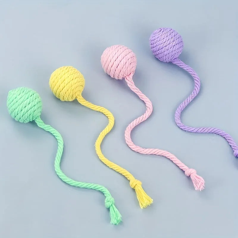 Cat toy ball with rope and bell in green pink purple yellow colours showing 3cm and 6cm size options