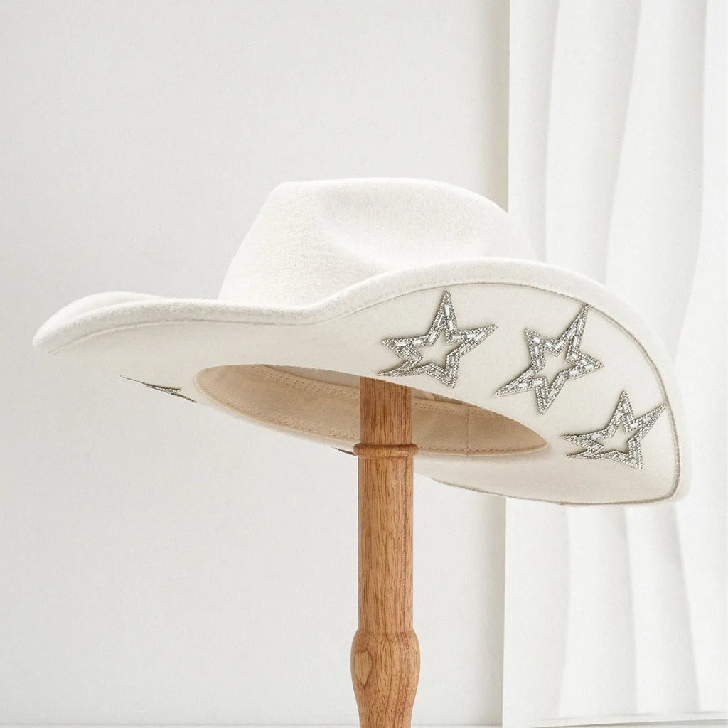 Polyester felt western hat with conical crown and hexagonal star detail in beige colour
