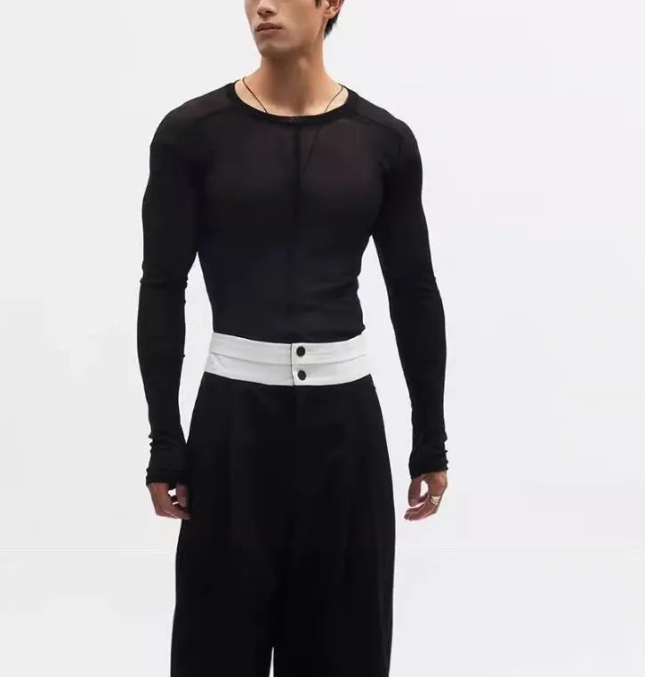 Black mesh see-through texture slim-fit pullover with long sleeves and round collar