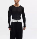 Black mesh see-through texture slim-fit pullover with long sleeves and round collar