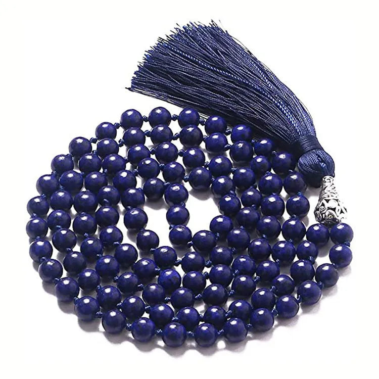 Long geometric agate tassel necklace showing colour options like Indian agate and lapis lazuli on a model.