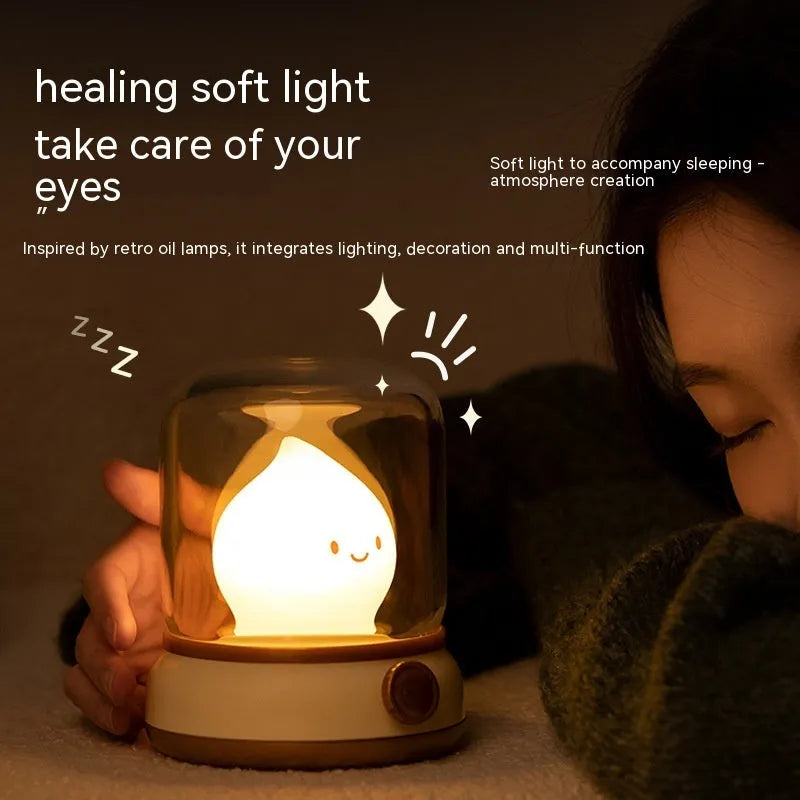 Retro small USB rechargeable night lamp with adjustable warm light on bedside table, compact 100x108x124mm size