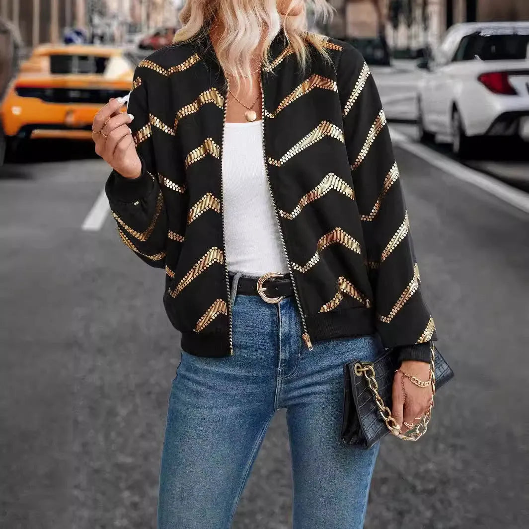 Women's black polyester spring jacket with zigzag gold print, conventional long sleeves, front view