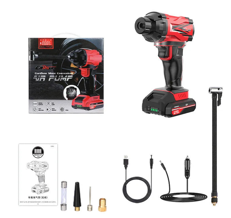 Red and black wireless car tyre inflator with nozzle attachments and power cable