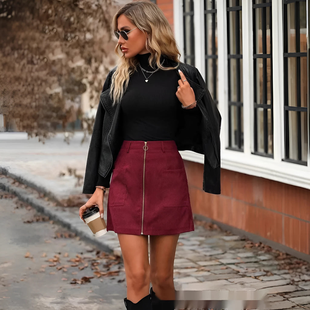 Women's high waist stitching zipper short skirt in black, camel, brick red, or dark green