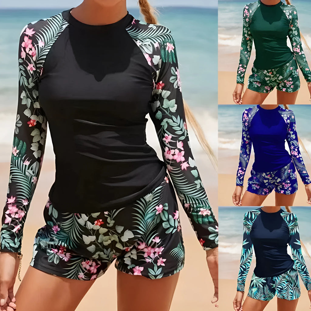 Women's long sleeve digital print conservative separate bikini swimwear in dark blue flower pattern