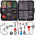 Orange or black ABS tackle box containing 257 fishing lure accessories including hooks, sinkers, and swivels