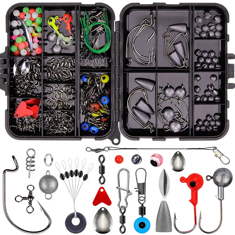 Orange or black ABS tackle box containing 257 fishing lure accessories including hooks, sinkers, and swivels