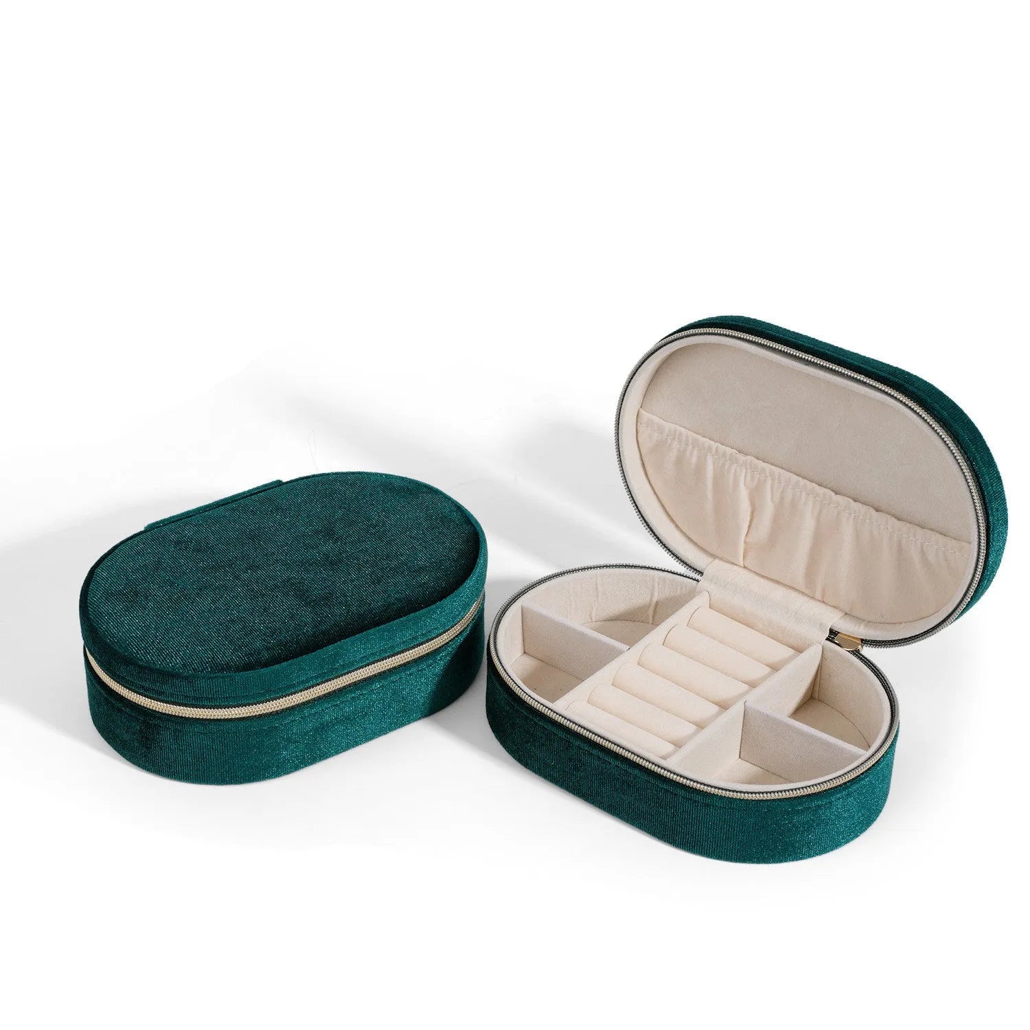 Oval velvet jewellery storage box in multiple colours with flannel interior measuring 15x10x5cm