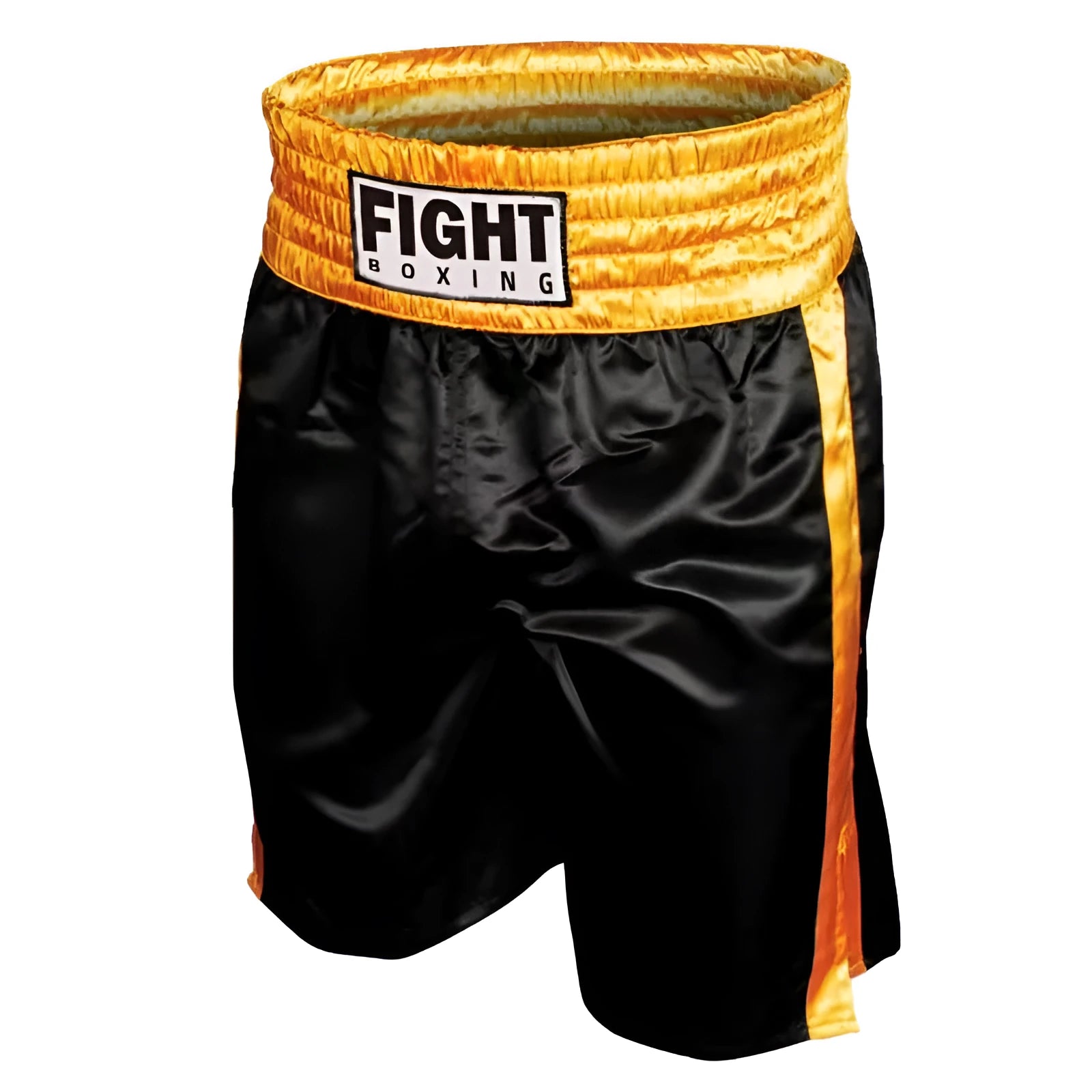 Black and white striped boxing shorts with elastic waistband and side slits for kickboxing training.