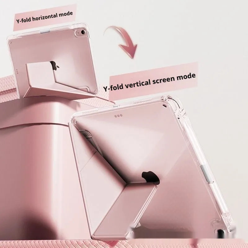 Transparent acrylic iPad case with a folding magnetic stand, shown in multiple colour options.