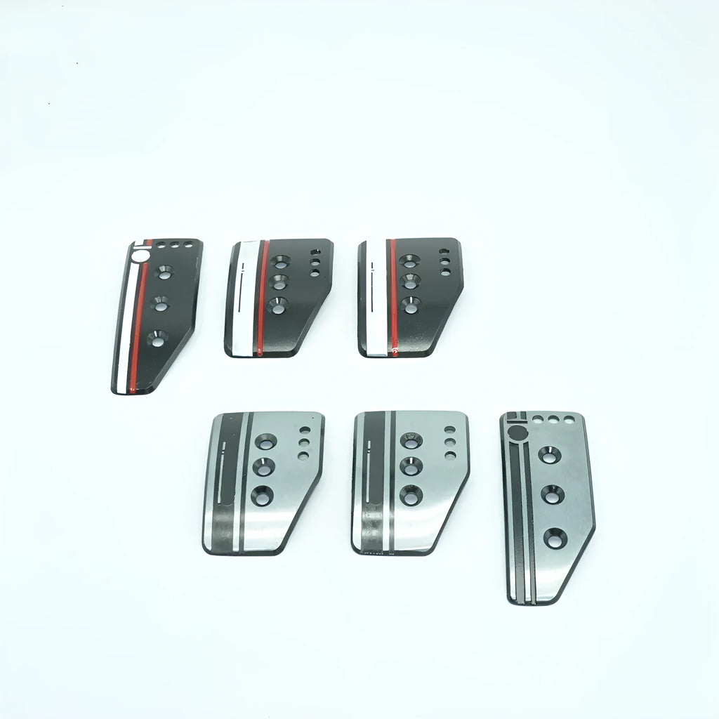 Aluminium alloy manual transmission car pedal set showing brake, accelerator and clutch pedals