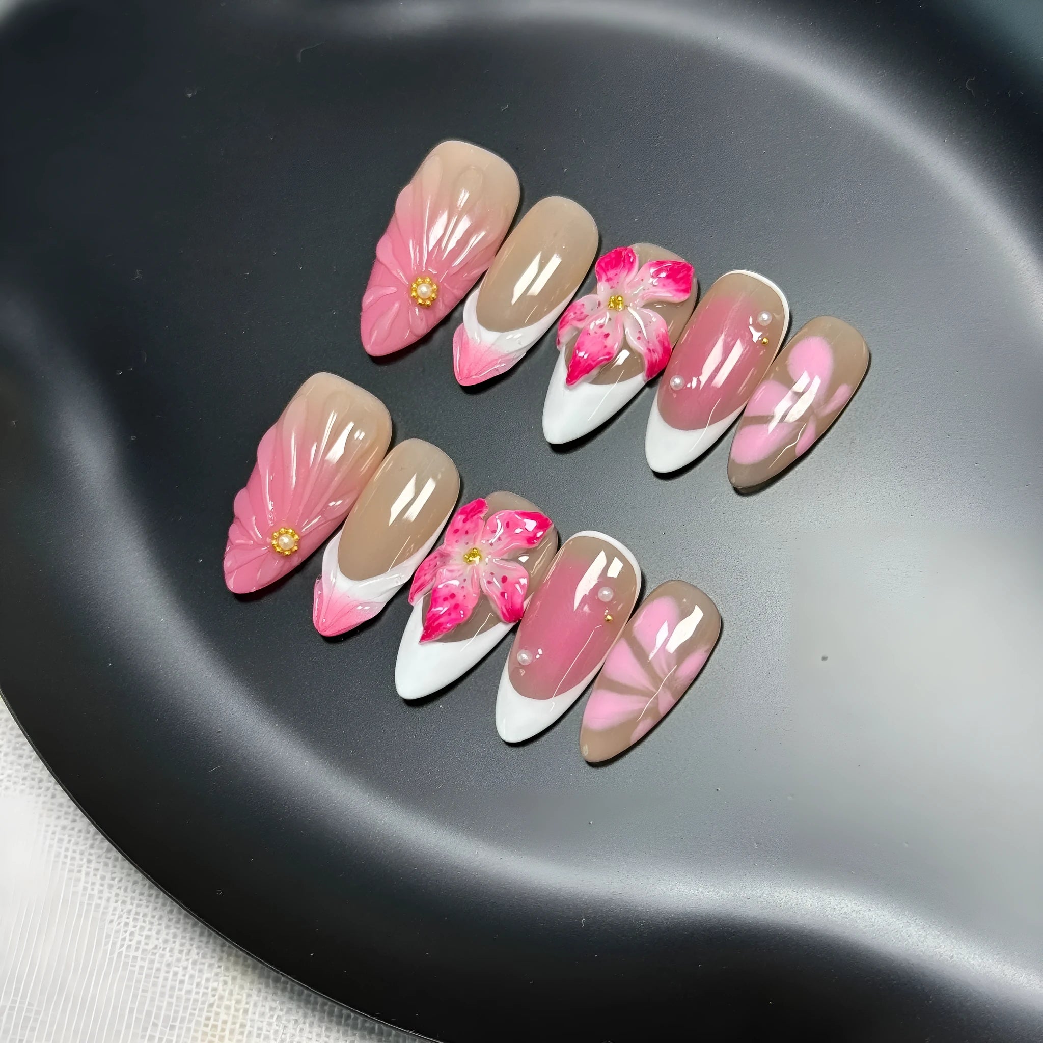French style three-dimensional lily fluid ice flower artificial nails with almond shape designs