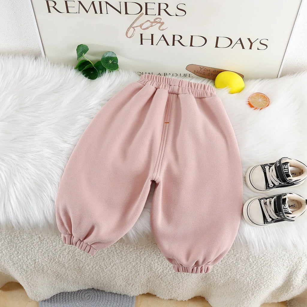 Girls trousers autumn winter cotton composite Korean style cute sportswear for toddlers 80-120cm Gray and Pink