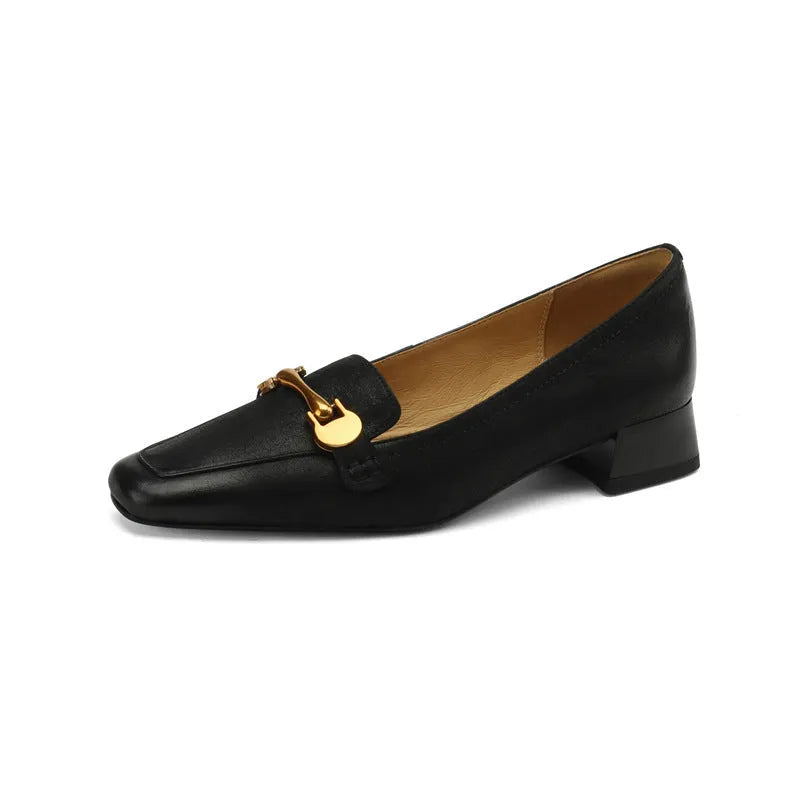 Women's brown retro square toe leather shoes with rubber sole British style