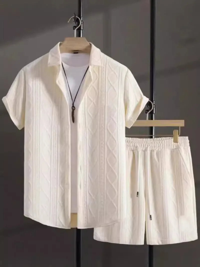 Men's jacquard black and white short sleeve suit set with matching shorts in chemical fibre blend fabric