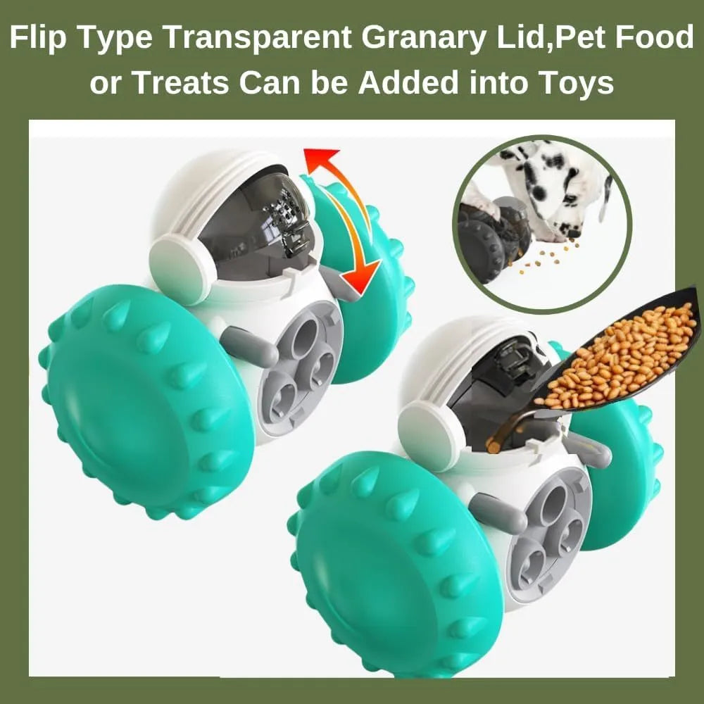 Robot-design tumbler puzzle toy for dogs and cats with roller elements and food dispensing function