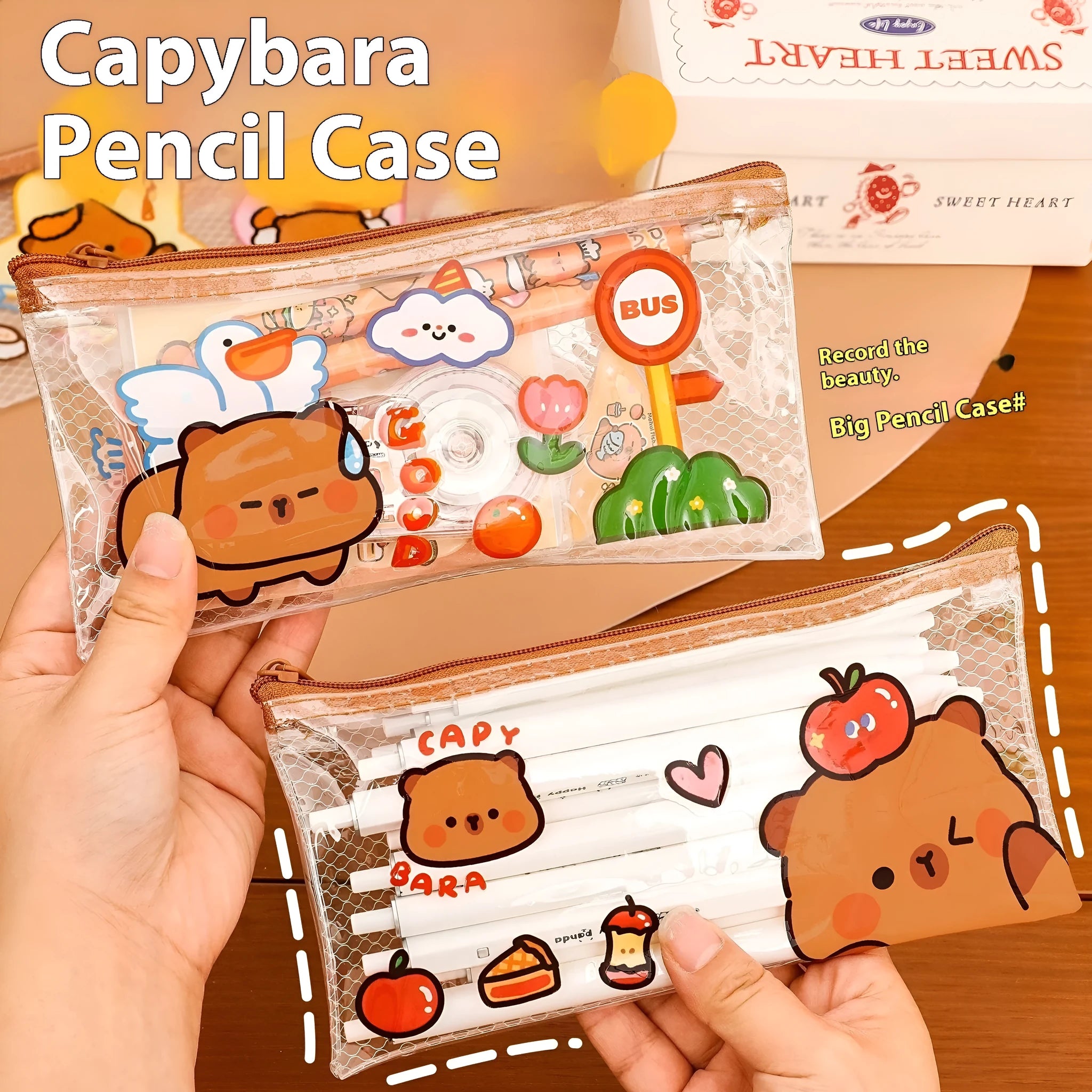 Transparent mesh PVC pencil case 20x10.3 cm clear student stationery pouch