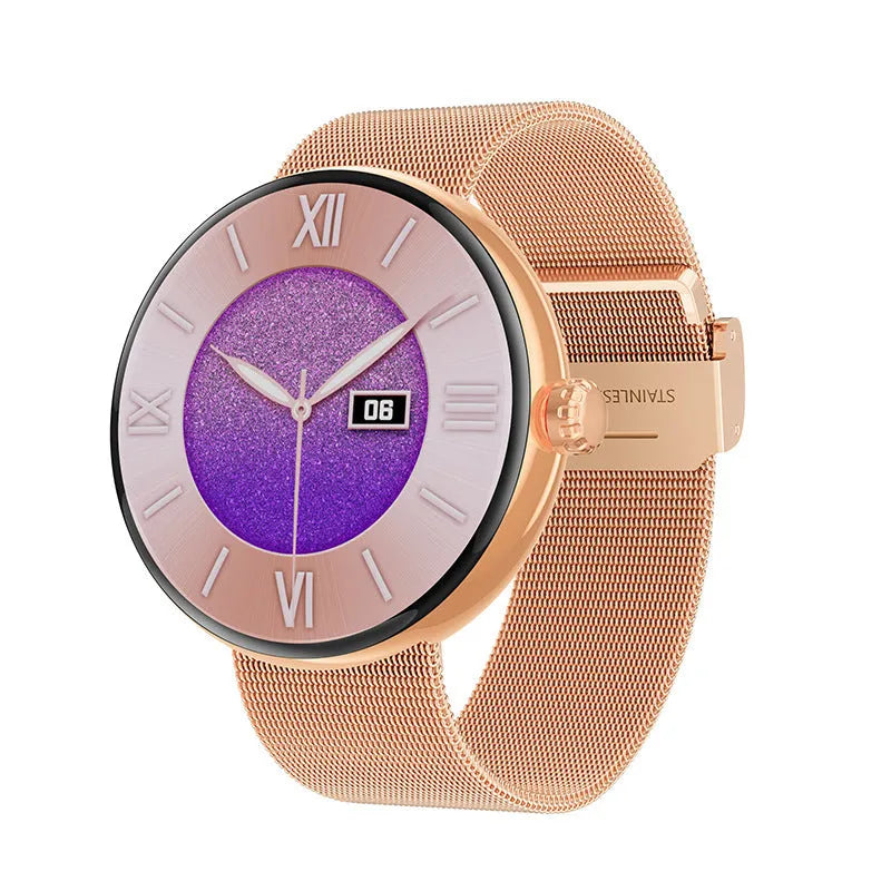 Women's smart watch with circular colour touchscreen and metal wrist strap in black, gold or silver steel