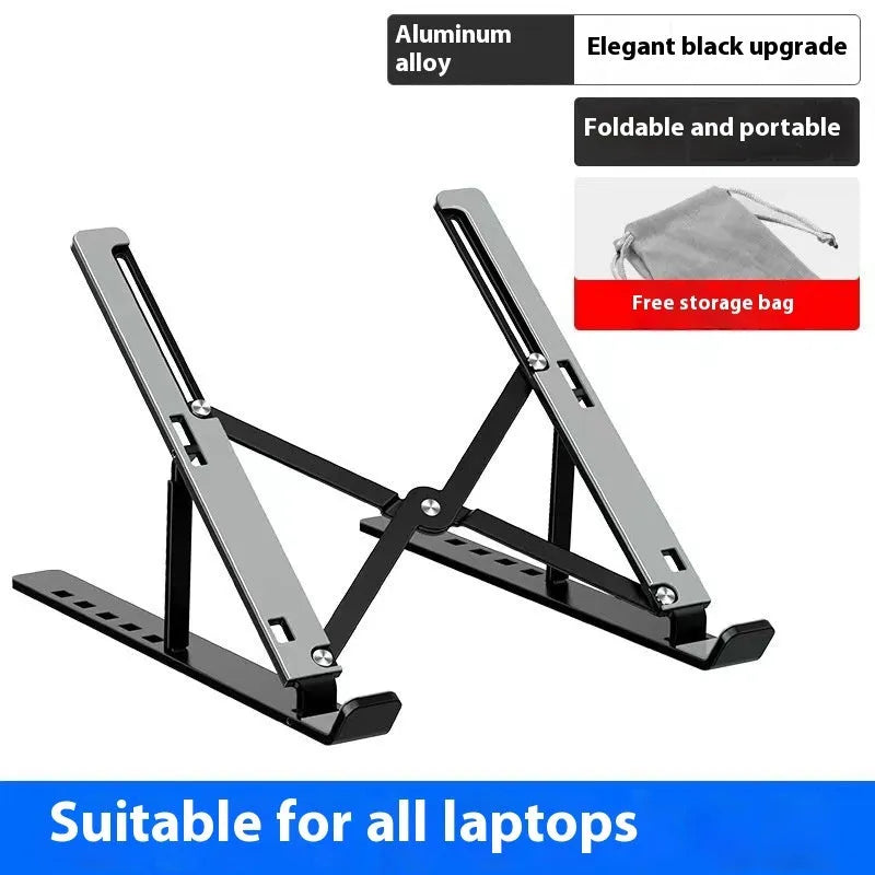Silver aluminum folding laptop stand open on a desk with a laptop.