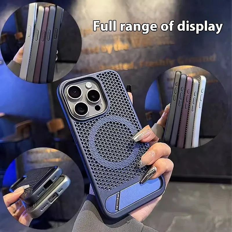 Magnetic suction breathable bracket phone case for Apple iPhone 16 Pro Max in titanium gray with metal acrylic build
