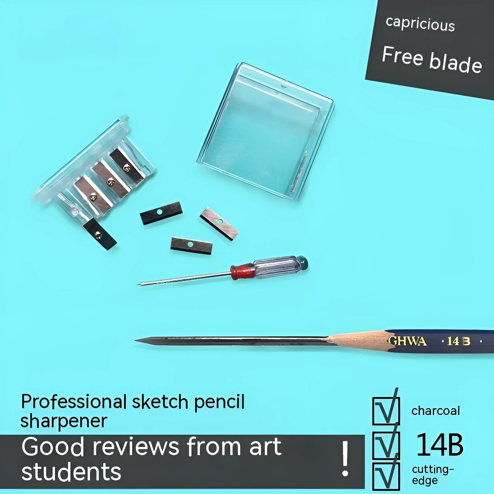 Geometric four-hole pencil sharpener with replaceable blades and screwdriver