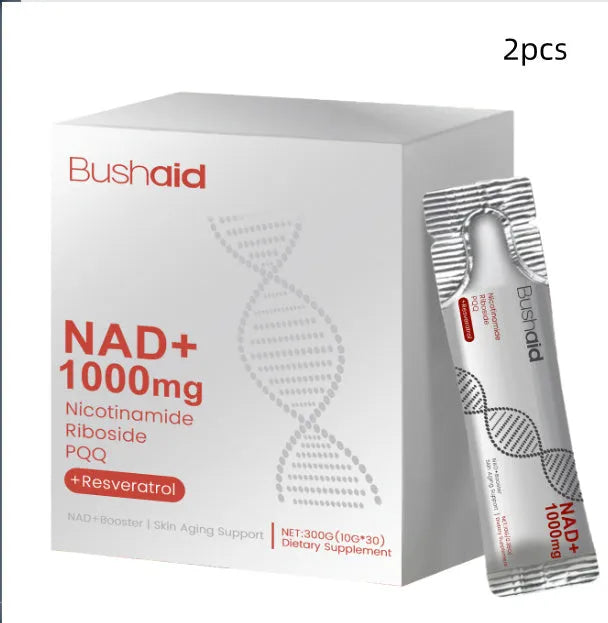 Pouch of nicotinamide riboside anti-aging drink powder supplement with resveratrol and PQQ.