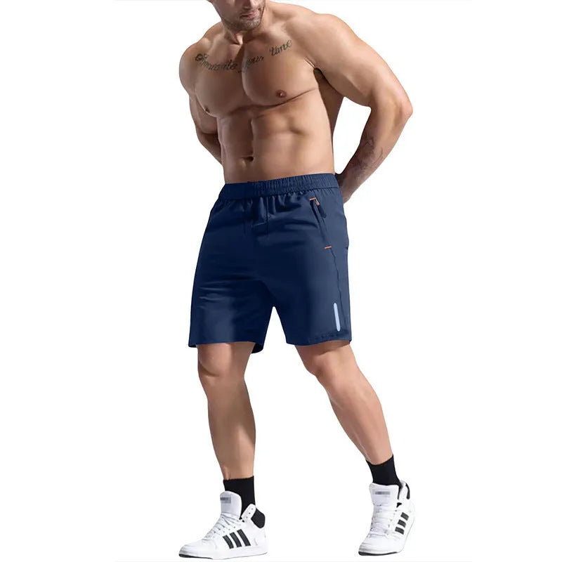 Men's grey elastic waist sports shorts made from bamboo fibre polyester fabric on a plain background.