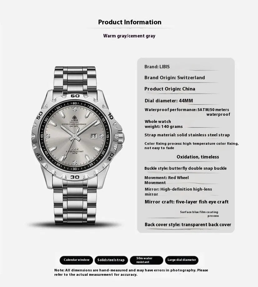 Men's silver case stainless steel business watch with luminous hands and sapphire crystal glass