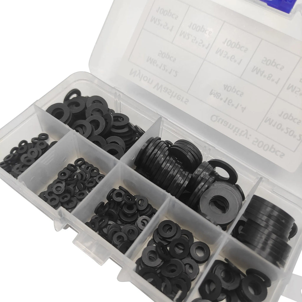 500 black nylon plastic flat gasket washers in metric sizes M2 to M10 in a storage box