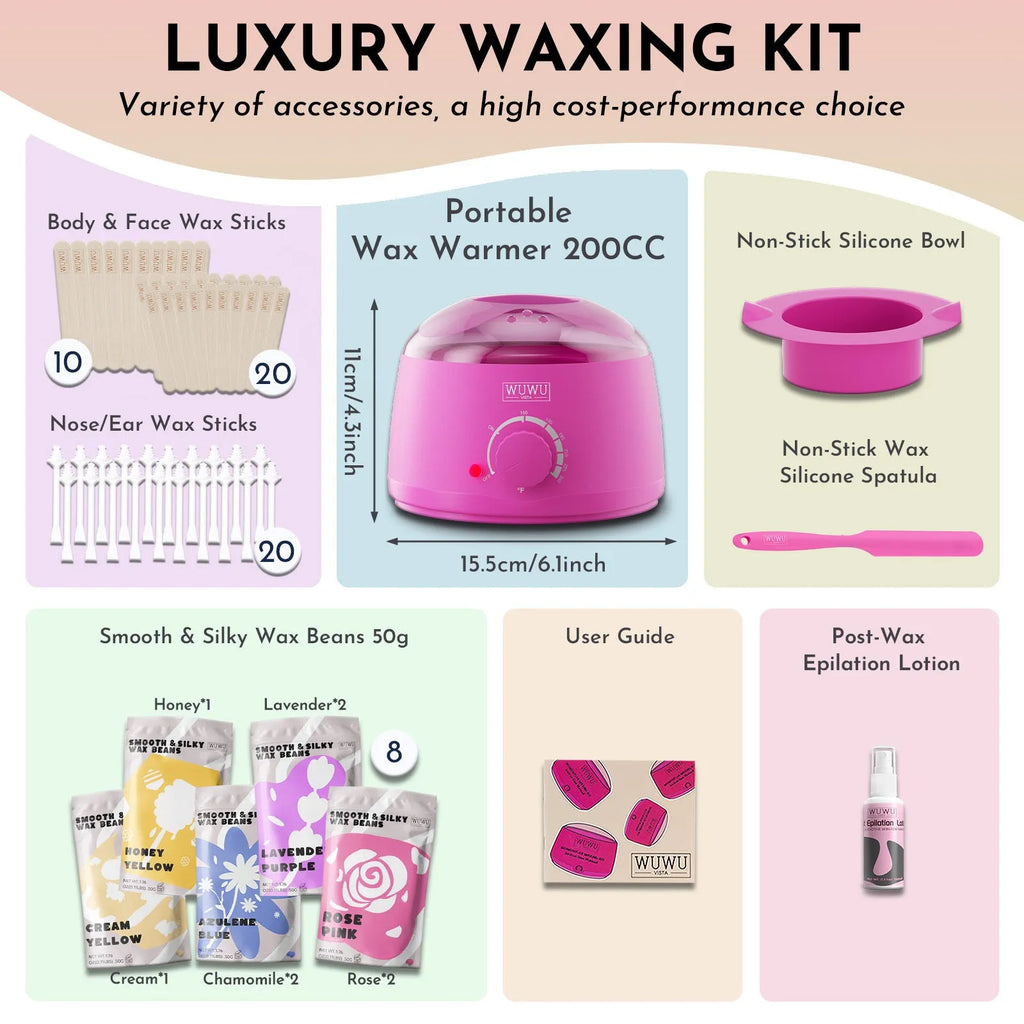 WUWUVISTA 63-piece waxing kit with black or pink wax warmer, wax beans, applicator sticks, and accessories