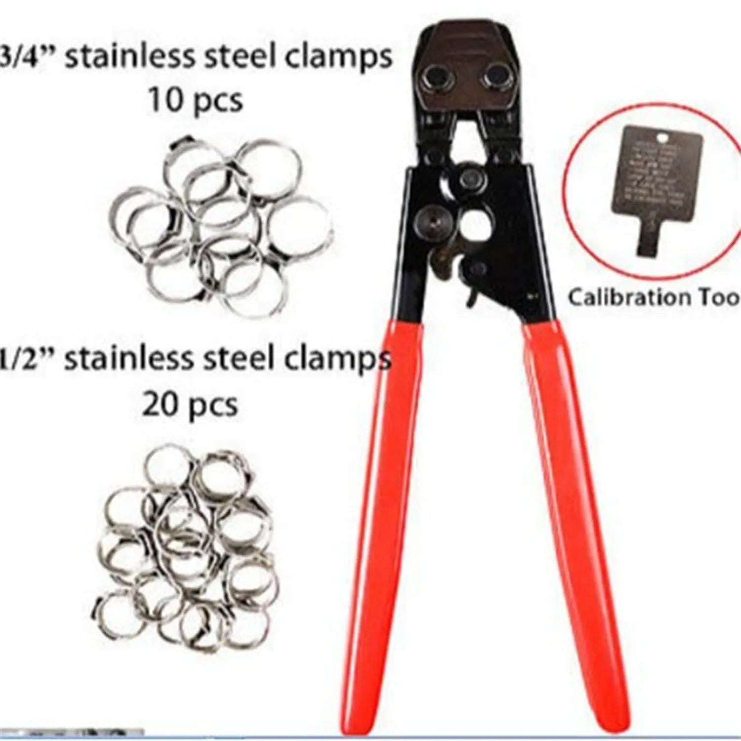 Red cloth finish PEX clamp set with metal construction and carbon steel cutting edge