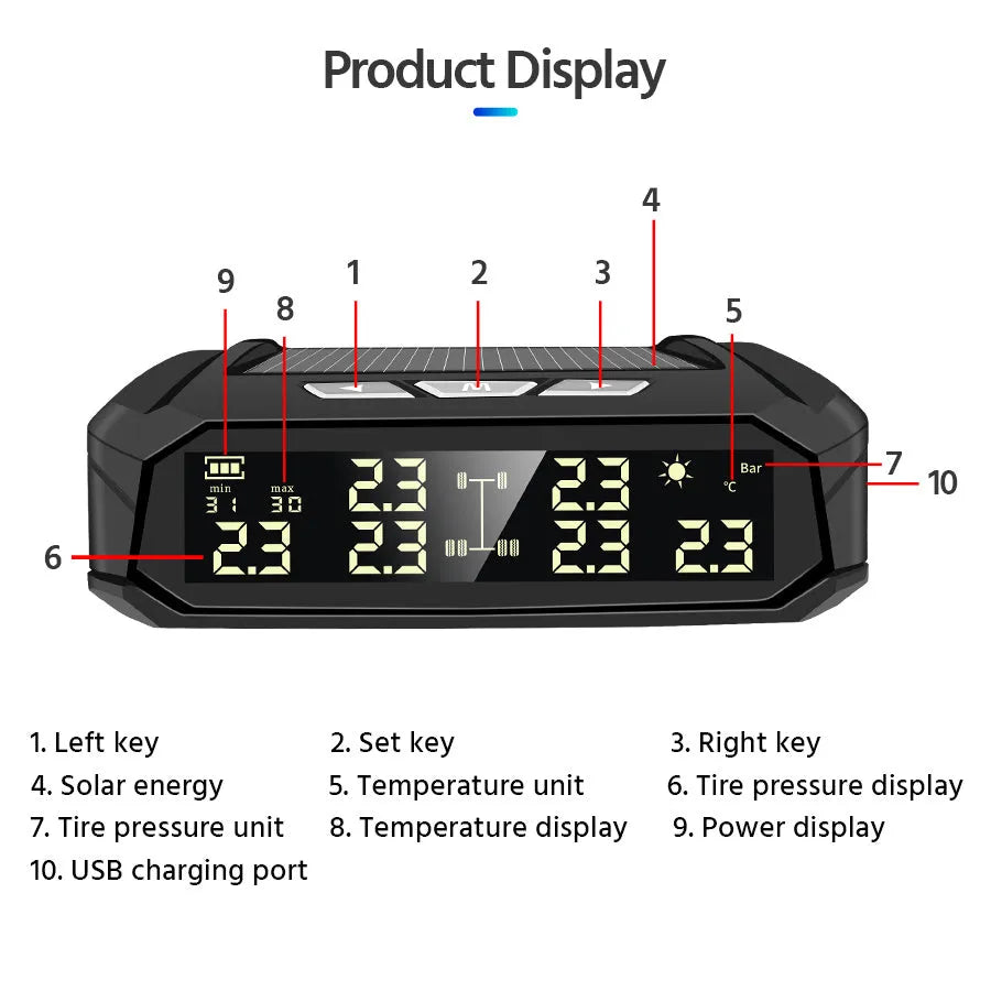 Solar external tyre pressure monitor with colour digital screen for 6-tyre vehicles