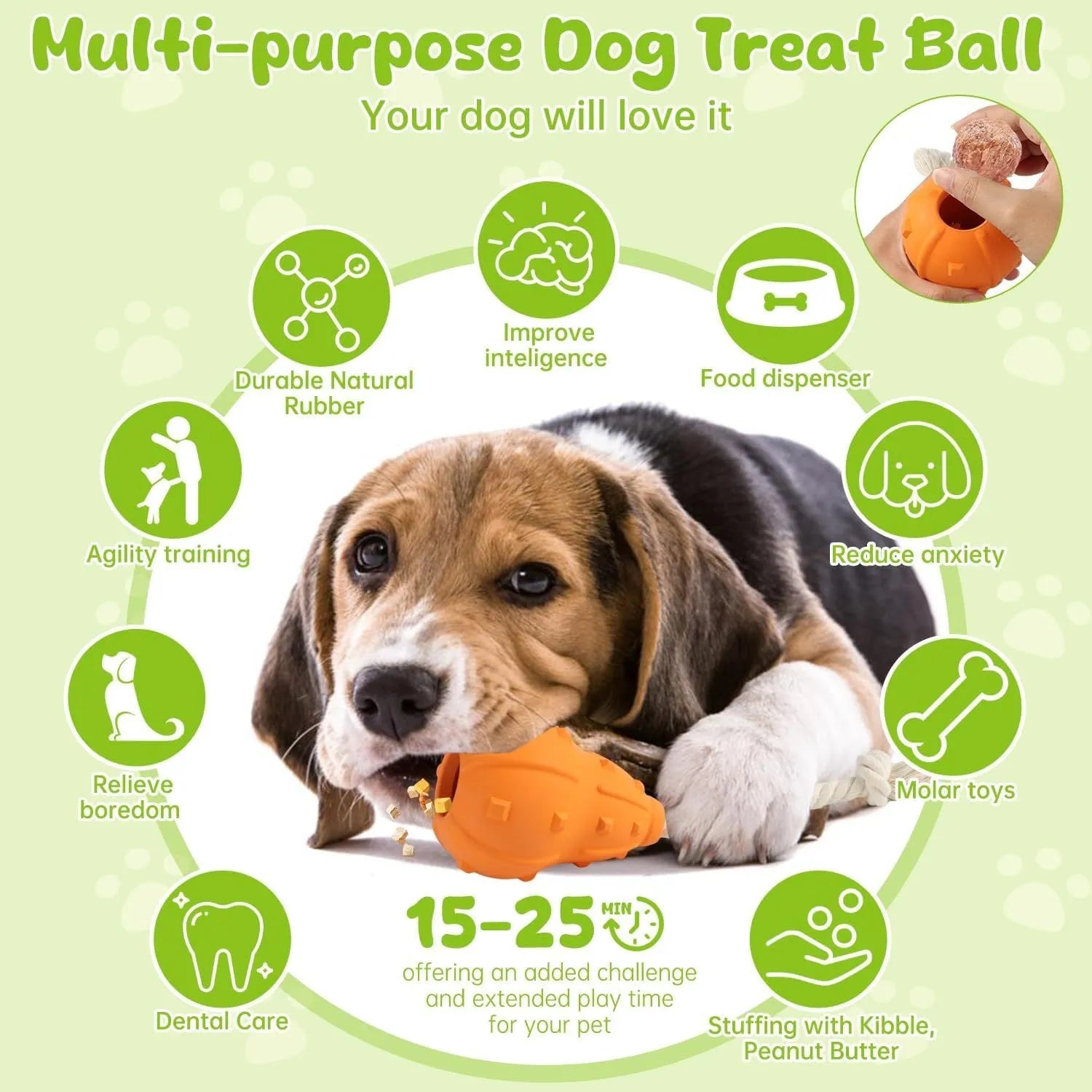 Natural rubber stuffable dog fetch toy with a long strap, shown with treats.