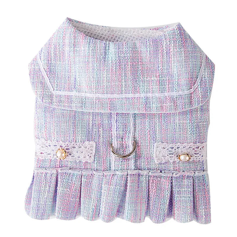 Purple and pink polyester pet clothing for cats or small dogs in sizes S, M, L, and XL.