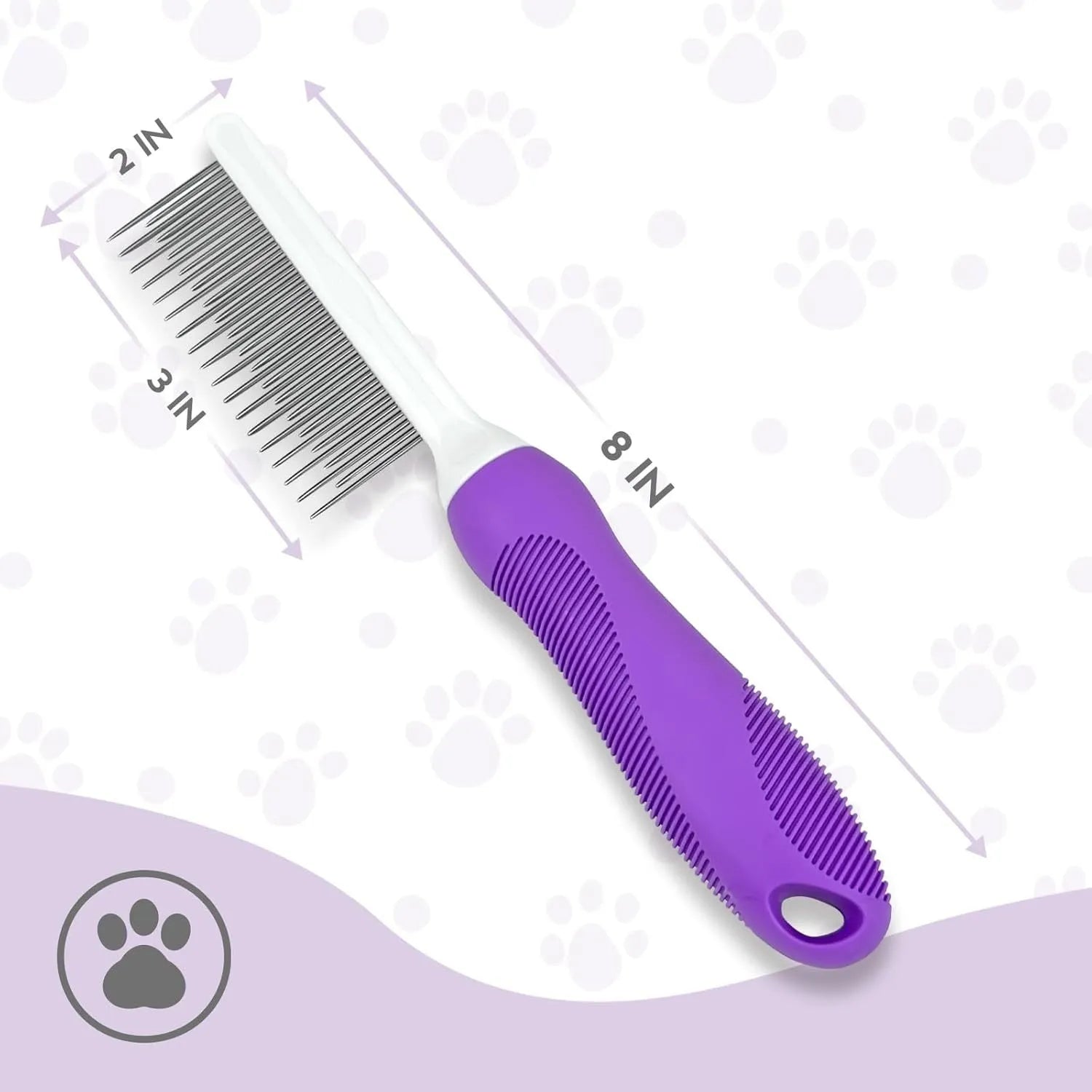 Purple pet grooming comb with stainless steel teeth and ergonomic handle for dog and cat grooming