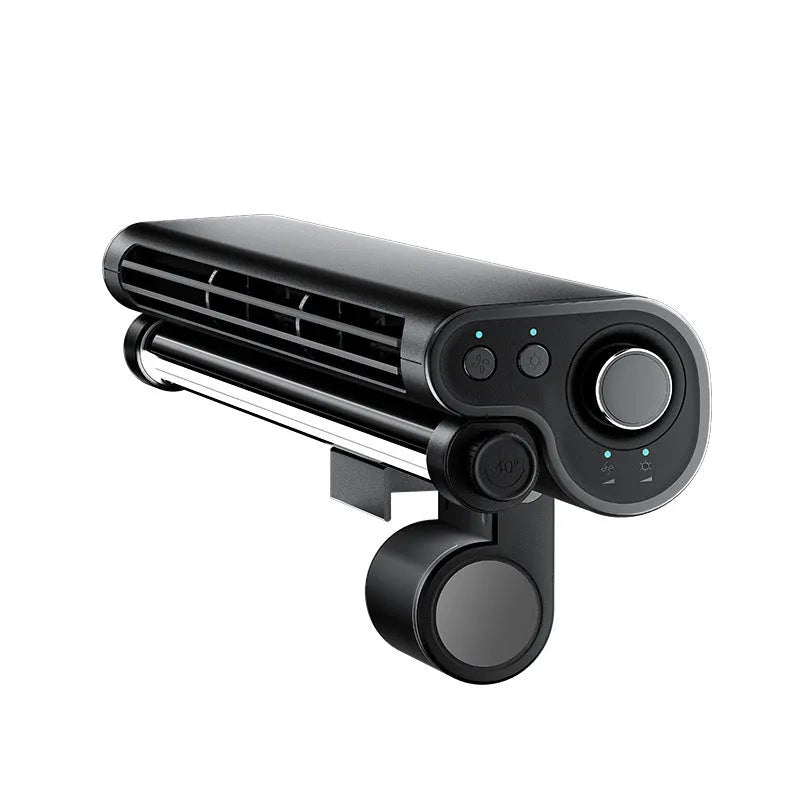 Black USB-powered bladeless fan with clip mount attached to laptop screen showing integrated lighting