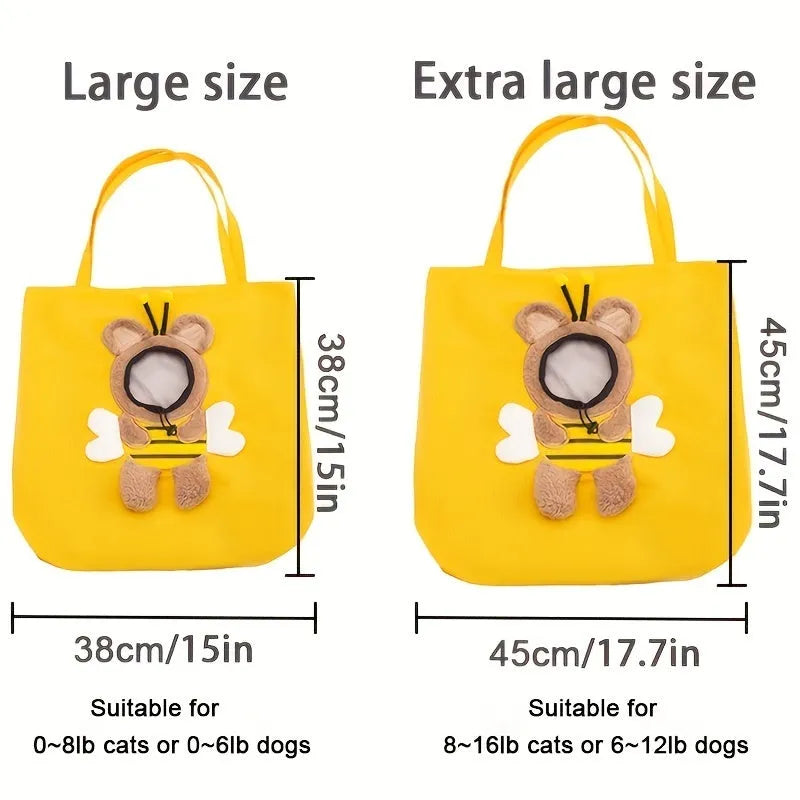 Canvas pet shoulder carrier bag with elastic side opening showing cat inside, available in blue, grey, yellow colours