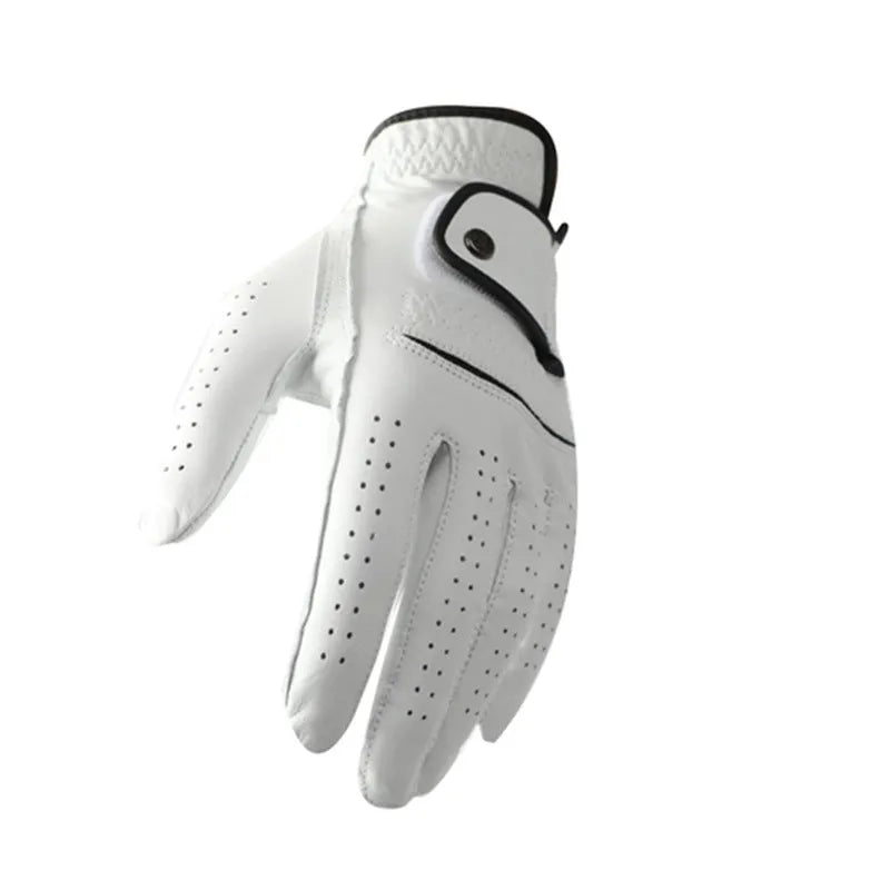 Men's white half sheepskin leather golf glove showing palm with non-slip grip.