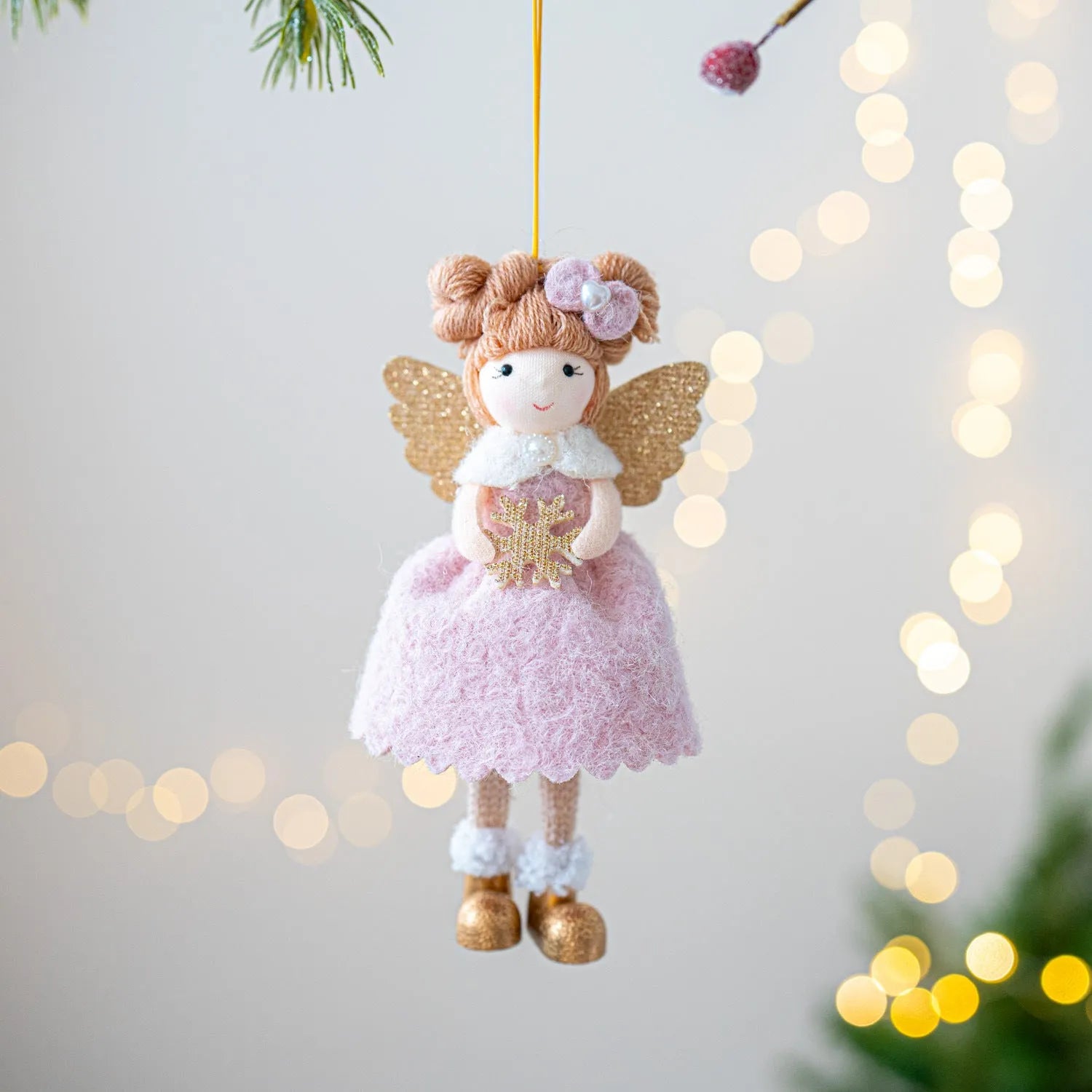 Christmas angel wings plush pendant ornament in pink colour with cloth material