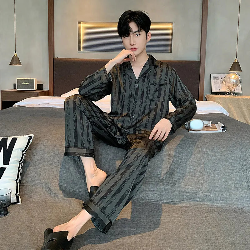 Men's black stripes ice silk V-neck pajama set with long sleeves and trousers