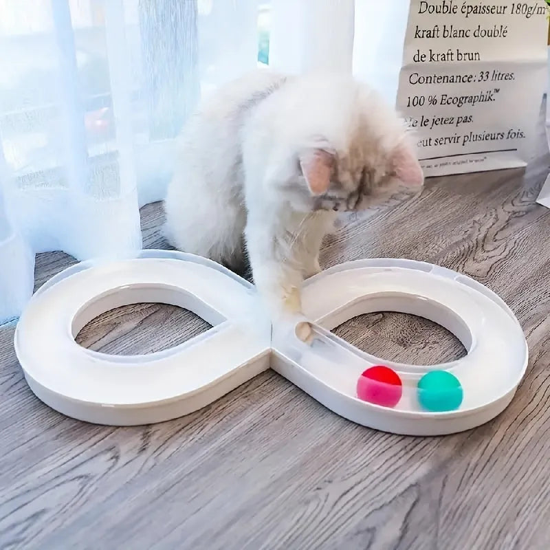 Blue and white cat toy set with turntable track ball system, teasing stick, and multiple balls
