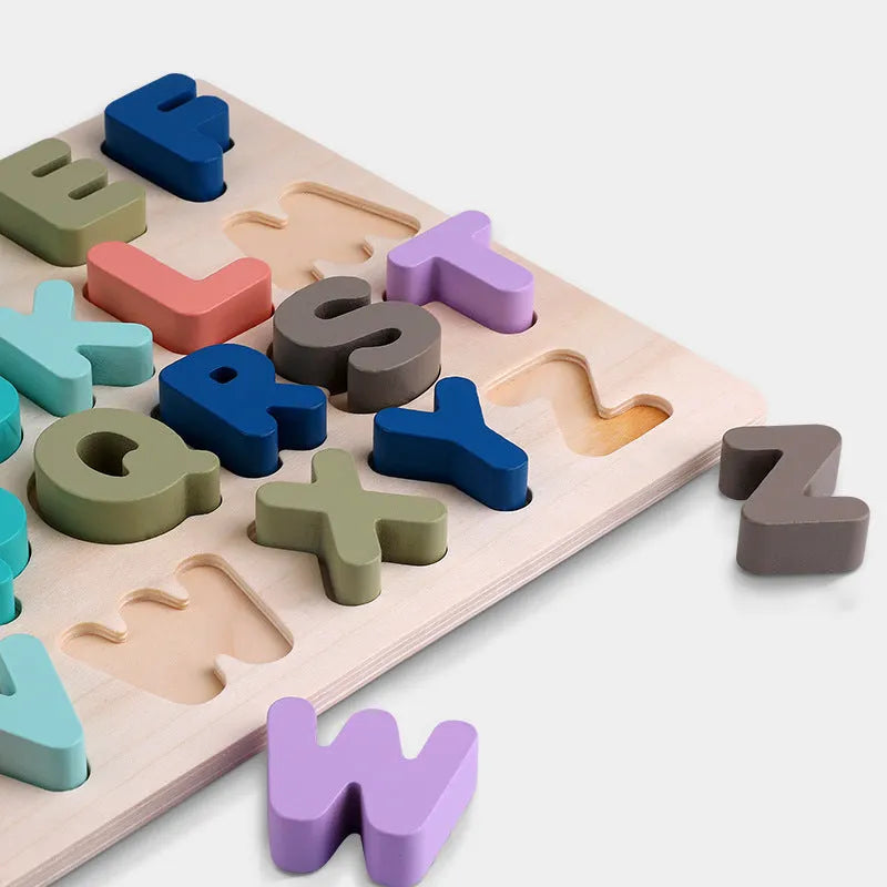 Children's wooden jigsaw puzzle board with macaron-coloured shape and letter pieces, 29.5x22 cm
