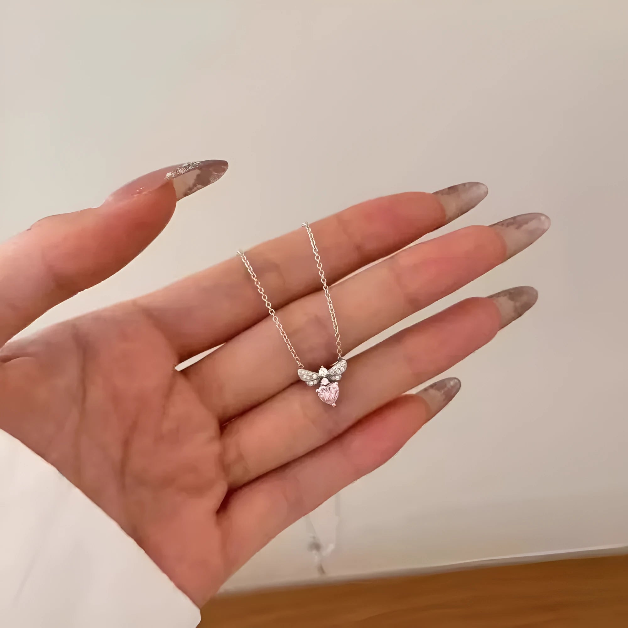 Bee Loving Heart Zircon Necklace stainless steel white gold plated copper pendant